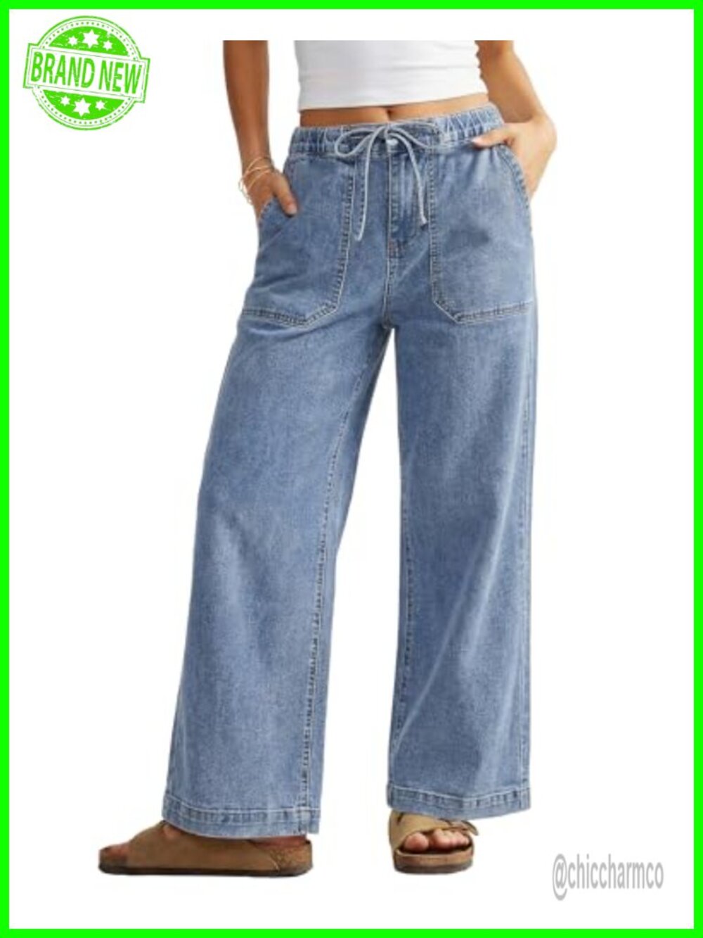 Wide Leg High Waist Drawstring Elastic Waist Stretchy Denim Jeans